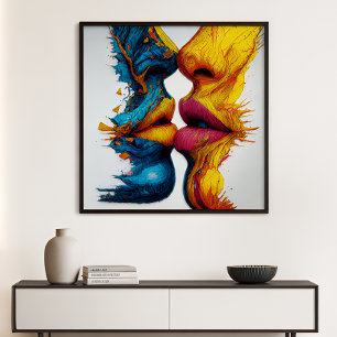 One Breath Away Blue Yellow Abstract Faces Poster