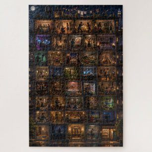 One Building, 100 Lives Nighttime City Art Jigsaw Puzzle