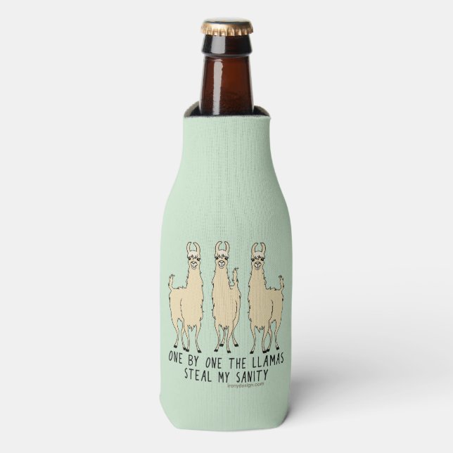 One by One the Llamas Steal my Sanity Funny Bottle Cooler (Bottle Front)