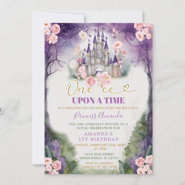 One-ce Upon A Time Purple Castle 1st Birthday Invitation (Front)