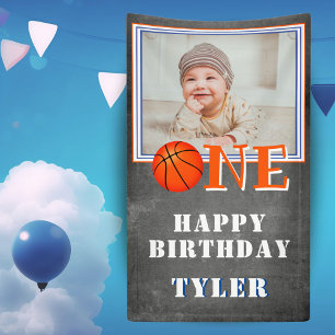 One Chalkboard Basketball Photo 1st Birthday  Banner