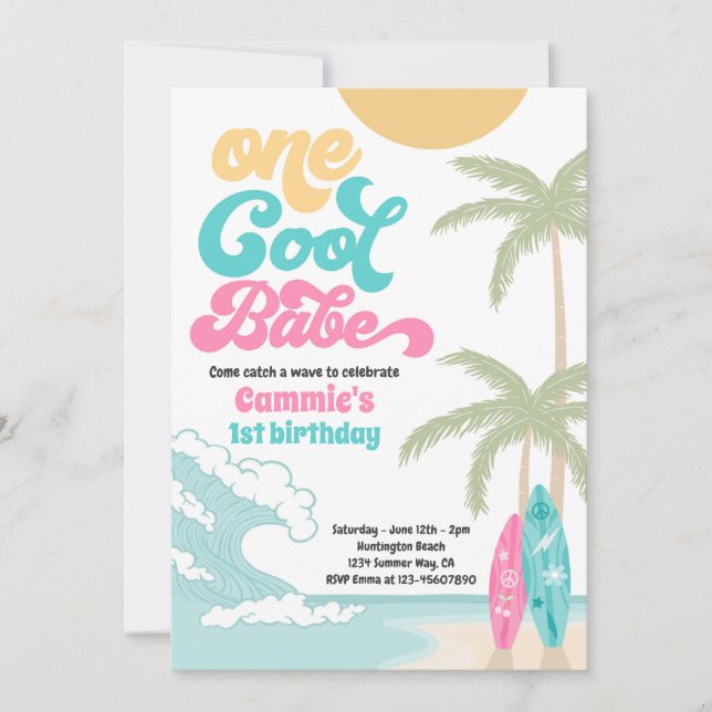 One Cool Babe Retro Surf 1st Birthday Party Invitation (Front)