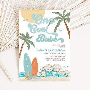 ONE Cool Babe Surfing Boy 1st Birthday Beach Party Invitation