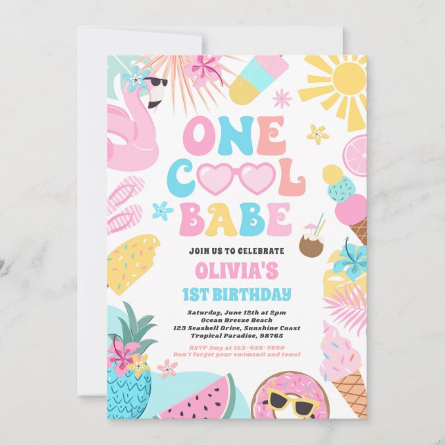 One Cool Babe Tropical Summer 1st Birthday Party Invitation (Front)