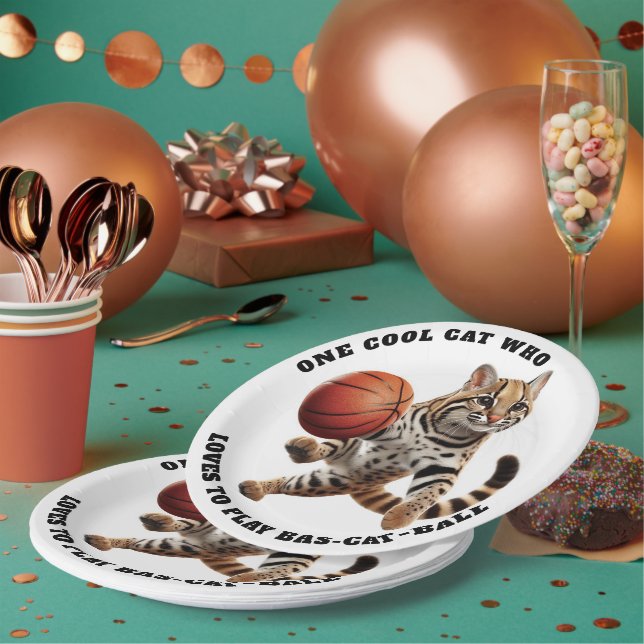 One Cool Cat Who Loves to Play Bas-cat-ball Paper Plate (Multi)
