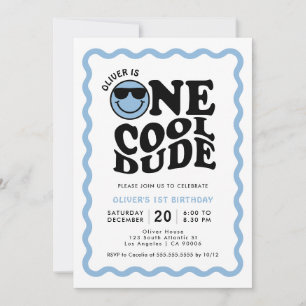 One Cool Dude Blue Happy Face Boy 1st Birthday Invitation