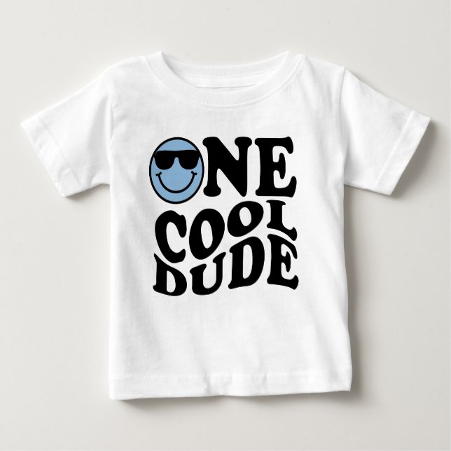 One Cool Dude Blue Happy Smile Boy 1st Birthday  Baby T-Shirt (Front)