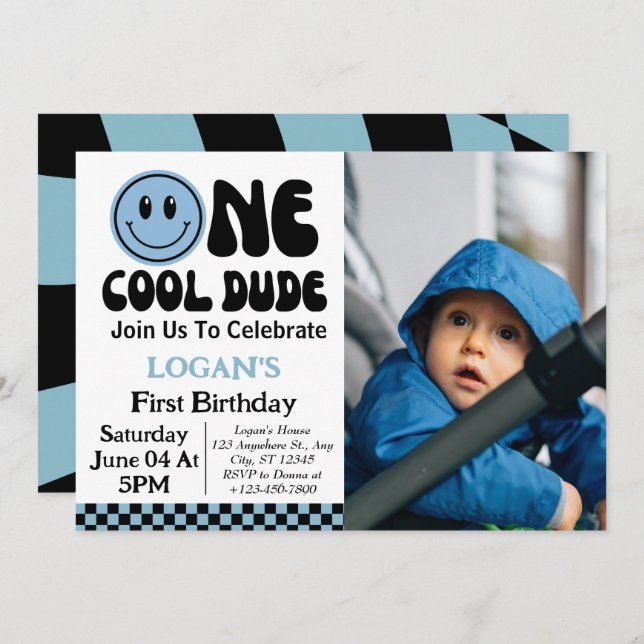 One Cool Dude Boy 1st Birthday Photo Invitation (Front/Back)