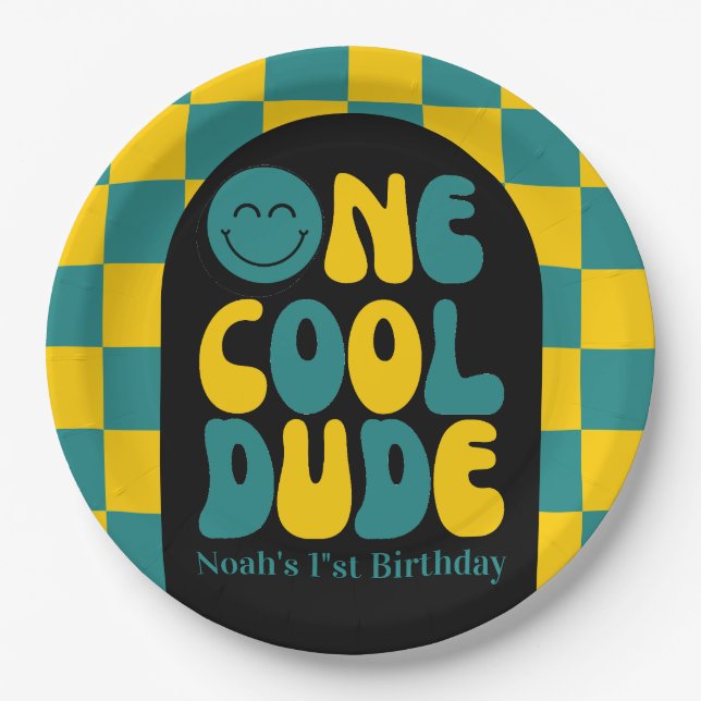 One Cool Dude Emoji 1st Birthday Decoration Paper Plate (Front)