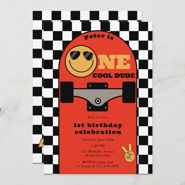 One Cool Dude Invite 1st First Birthday Skateboard (Front/Back)