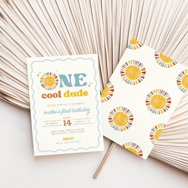 One Cool Dude Retro Sun First Birthday Invitation (Creator Uploaded)