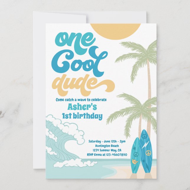 One Cool Dude Retro Surf 1st Birthday Party Invitation (Front)