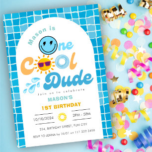One Cool Dude Summer Pool Party 1st Birthday Invitation