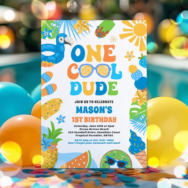 One Cool Dude Tropical Summer 1st Birthday Party Invitation (Creator Uploaded)