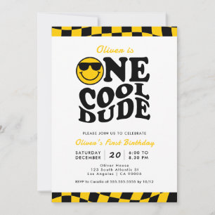 One Cool Dude Yellow Wavy Smile Face 1st Birthday Invitation