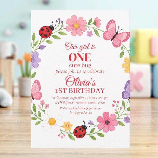 ONE Cute Bug Ladybug 1st Birthday Invitation (Creator Uploaded)