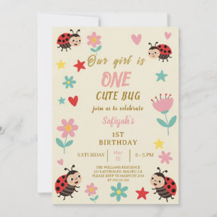 ONE Cute Bug Ladybug 1st Birthday Party Invitation