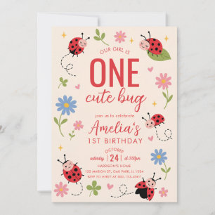 ONE Cute Bug Ladybug 1st Birthday Party Invitation