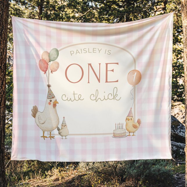 One Cute Chick Birthday Banner Backdrop  Tapestry (Creator Uploaded)