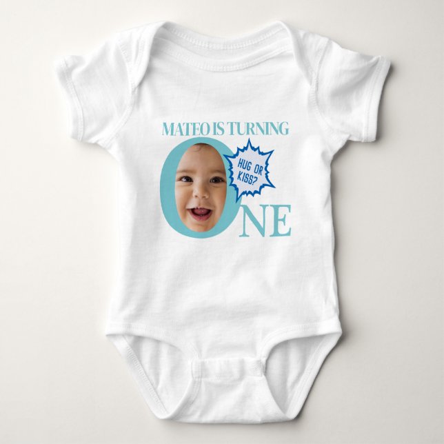 ONE! cute face baby rompers | light blue Baby Bodysuit (Front)
