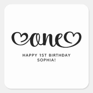 One Cute Hearts Script 1st Birthday Square Sticker