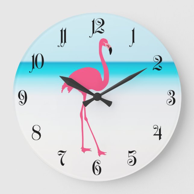 One cute pink flamingo on the beach large clock (Front)
