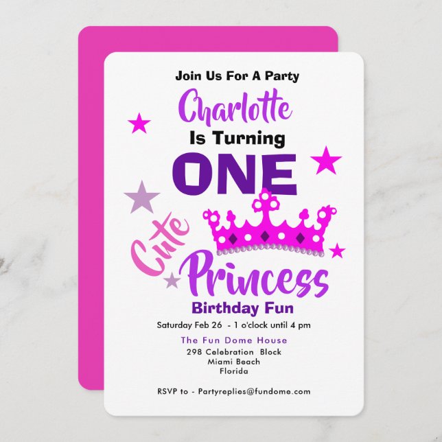 One Cute Princess 1st Birthday Personalised Invitation (Front/Back)