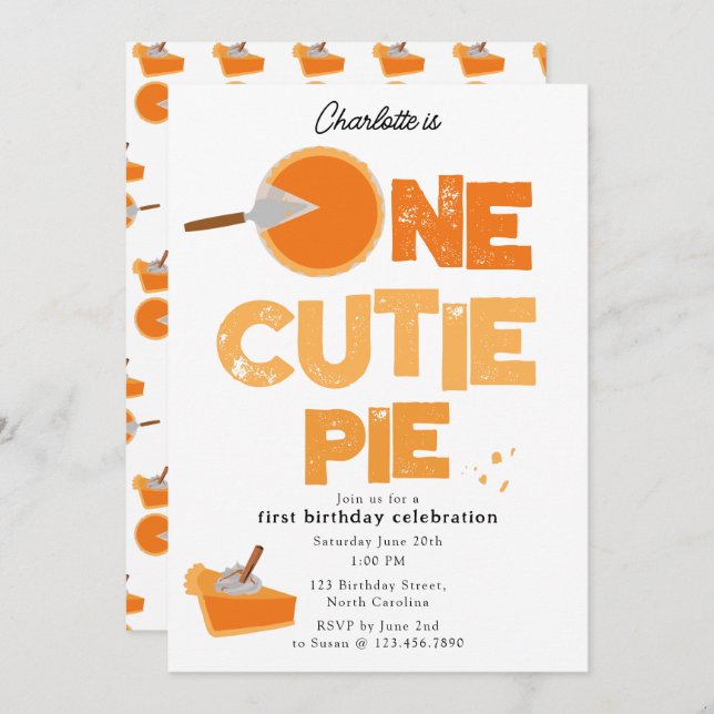 One Cutie Pie Invite 1st First Birthday Cute (Front/Back)