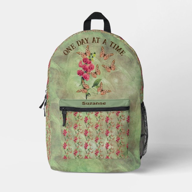 One Day At A Time Butterfly Flower Inspirational Printed Backpack (Front)