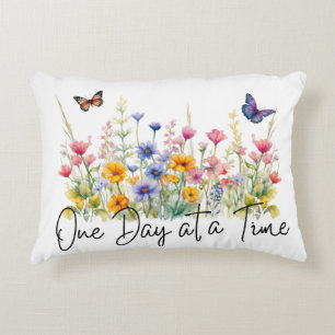 One Day at a Time Inspirational Quote Wildflowers Decorative Cushion