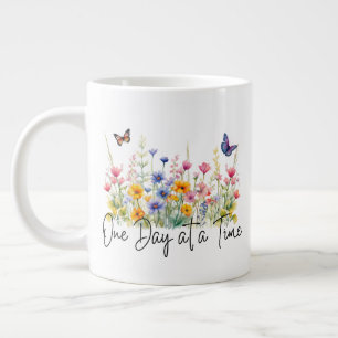 One Day at a Time Inspirational Quote Wildflowers Large Coffee Mug