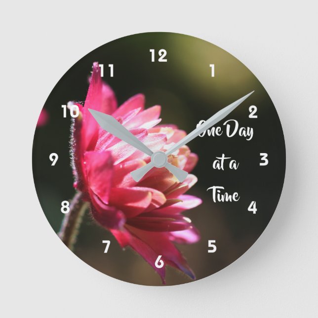 One Day At A Time Inspirational Sunlit Flower  Round Clock (Front)