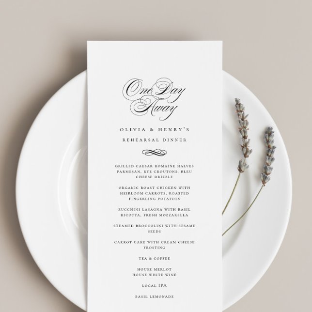 One Day Away Rehearsal Dinner Elegant Menu (Creator Uploaded)