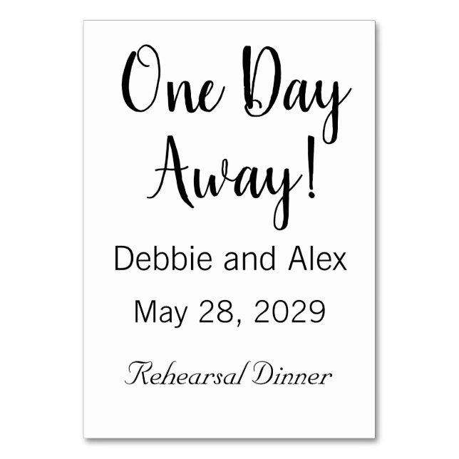One Day Away Rehearsal Dinner Table Card (Front)