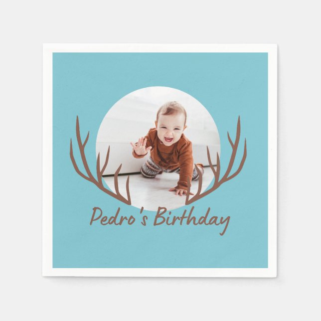One Deer Antlers Rustic 1st Birthday Party Napkin (Front)