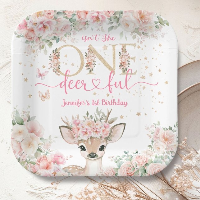 One-Deer-Ful 1st Birthday Girl Pink Fawn Paper Plate (Creator Uploaded)