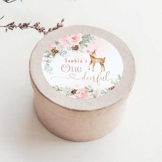One-deer-ful blush pink 1st girl birthday classic round sticker (Creator Uploaded)
