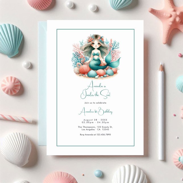 “One-der the Sea” Mermaid First Birthday Party Invitation (“One-der the Sea” Mermaid First Birthday Party Invitation)