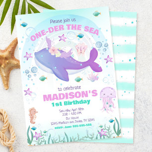 One-der the Sea Party Whale Girl 1st Birthday Invitation