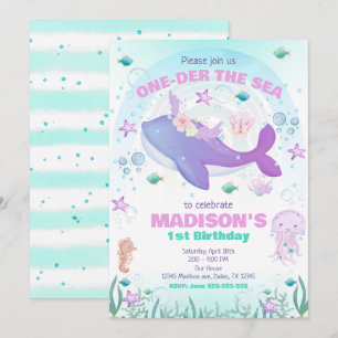 One-der the Sea Party Whale Girl 1st Birthday  Invitation