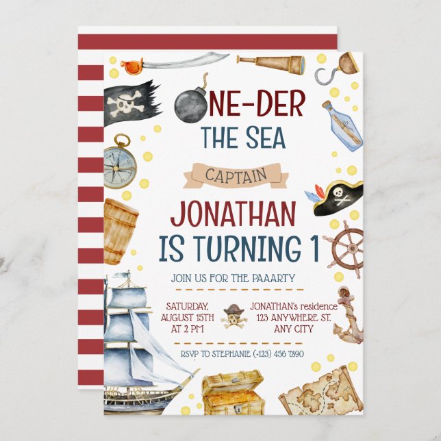 One-der The Sea Pirate Ship 1st Birthday Party Invitation (Front/Back)