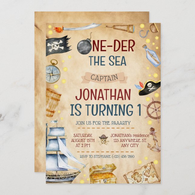 One-der The Sea Pirate Ship 1st Birthday Party Invitation (Front/Back)