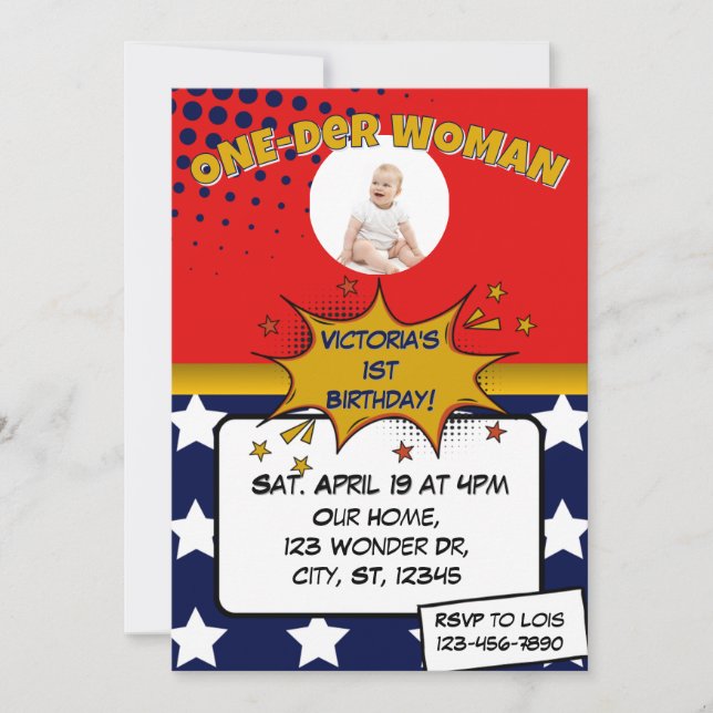 One-Der Woman, Superhero 1st Birthday  Invitation (Front)