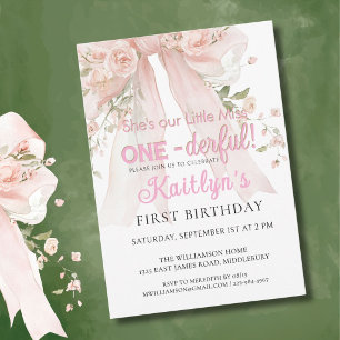 One-derful Charming Pink Bow Girls 1st Birthday   Invitation