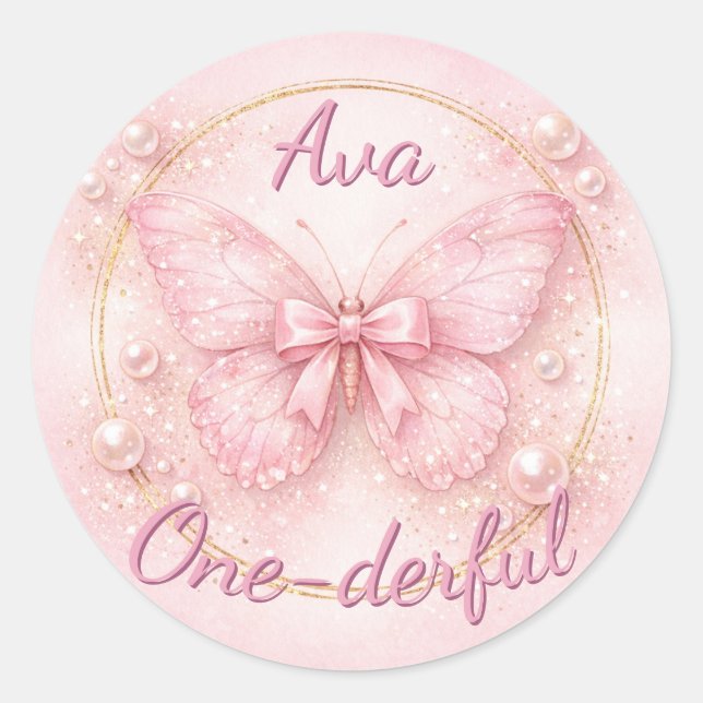 One-derful Pink Butterfly 1st Birthday  Classic Round Sticker (Front)