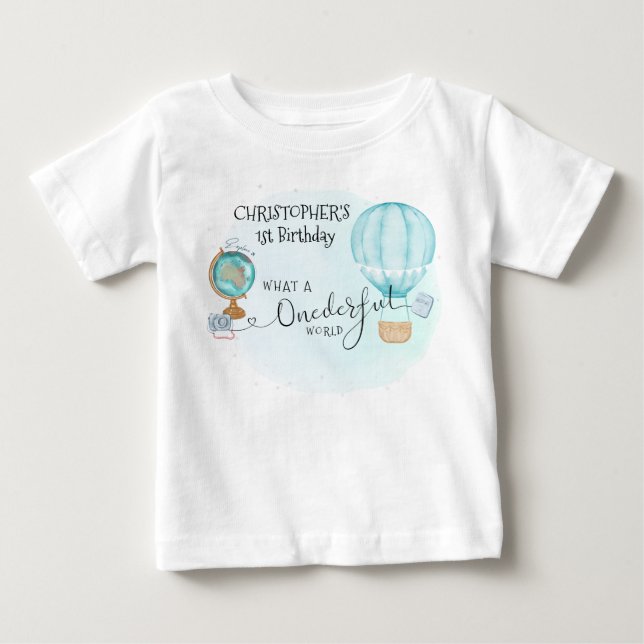 ONE derful World Blue Hot Air Balloon 1st Birthday Baby T-Shirt (Front)
