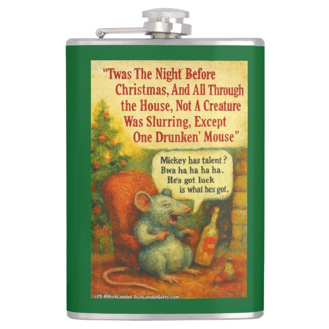 One Drunken' Mouse – Christmas Card Chaos Hip Flask (Front)