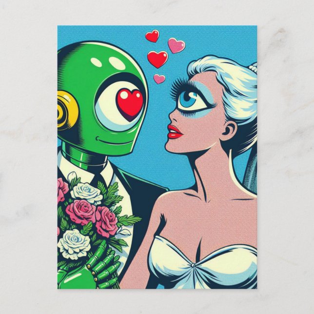 One Eyed Alien Woman and Green Robot in Love Postcard (Front)