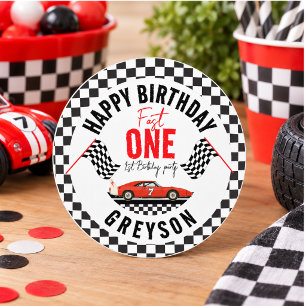 One Fast Race Car Boy 1st Birthday Party Classic Round Sticker