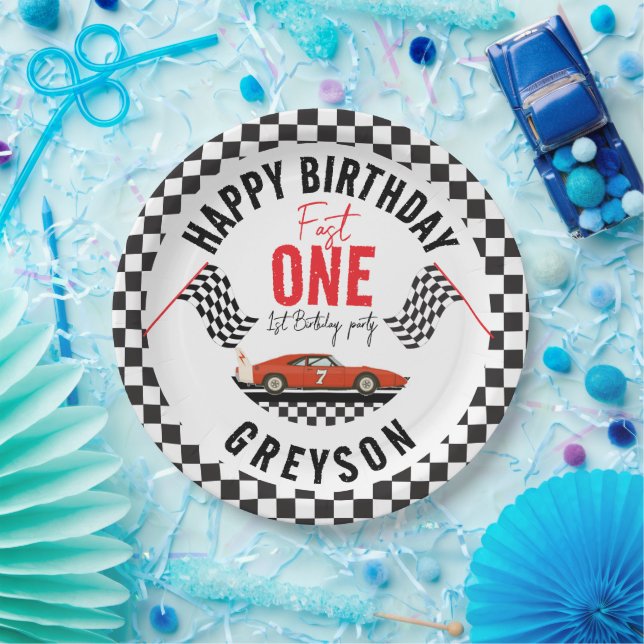 One Fast Race Car Boy 1st Birthday Party Paper Plate (Party)